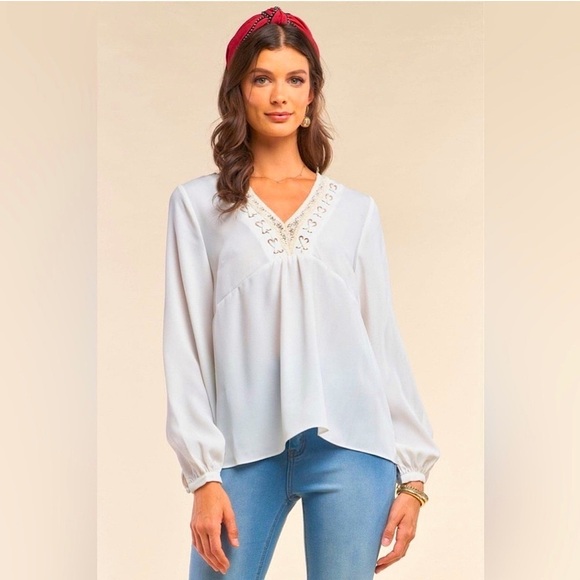 Long Sleeve Relaxed Fit CrissCross Lace Up Crochet V-Neck Blouse - Picture 1 of 5